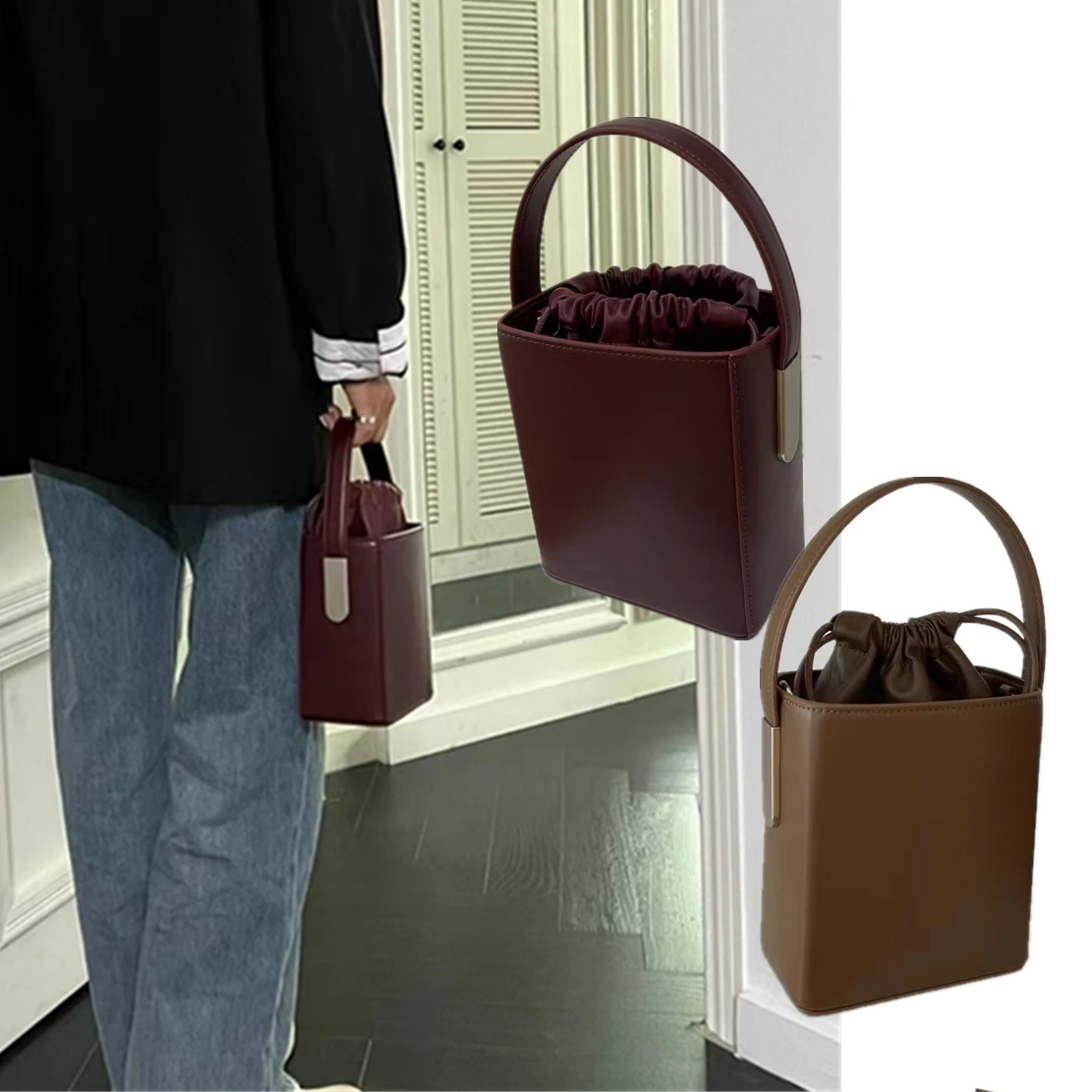 

Jenny&Dave Cowhide Single Shoulder Handheld Leather Bag Crossbody Bag Women Fashion Square Bucket Bag Minimalist Genuine