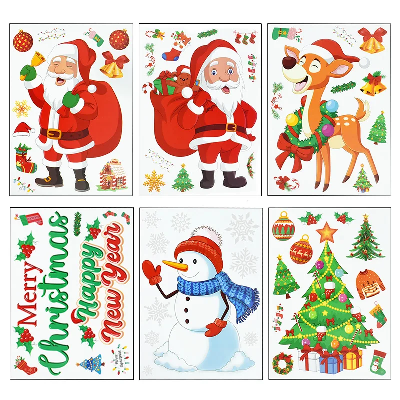 

6Pcs Merry Christmas Window Sticker Santa Claus Snowman Elk Glass Sticker Christmas Decorations For Home New Year 2024 Navidad