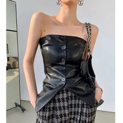 Sexy Streetwear Corset Top Women Customer Black/Brown Genuine Leather Slim Fitness Collarless Jacket Femme Straight collar strap