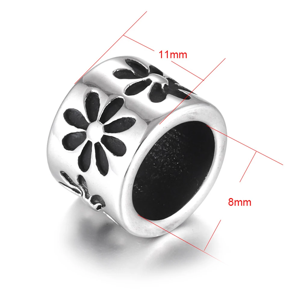 Edelstahl-Blumenperlen, florales großes Loch, Schiebe-Charm-Abstandshalter, passend für 8 mm Lederband, Armbänder, Schmuckherstellung, DIY-Zubehör – Detail 1