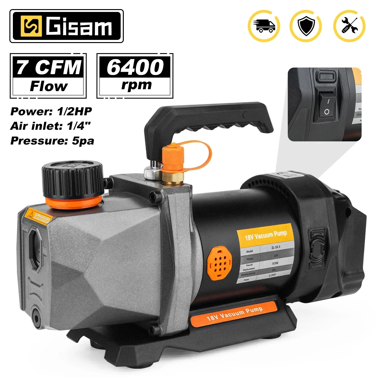 GISAM Refrigerant Vacuum Pump 13, 1/2HP 7CFM with 1/4 air inlet, refrigeration pump for car and household air conditioning, compatible with Makita 18V battery pin