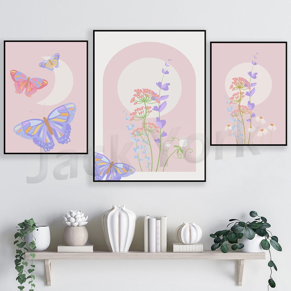 

Colorful Wall Art, Pink Poster Aesthetic, Cute Poster Flower Butterfly Print, Boho Wall Art, Nursery Decor