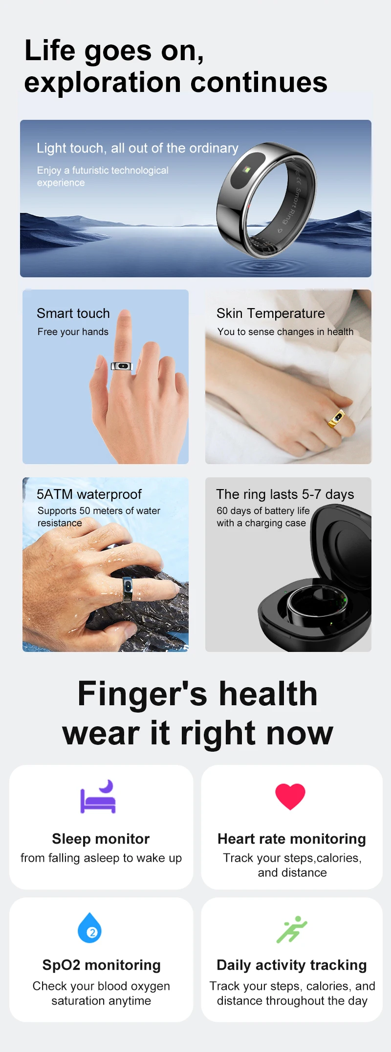New R08 Smart Ring With Charging Case Smart Touch Screen Health Monitor Sports Fitness Tracker IP68 5ATM Waterproof Smart Ring