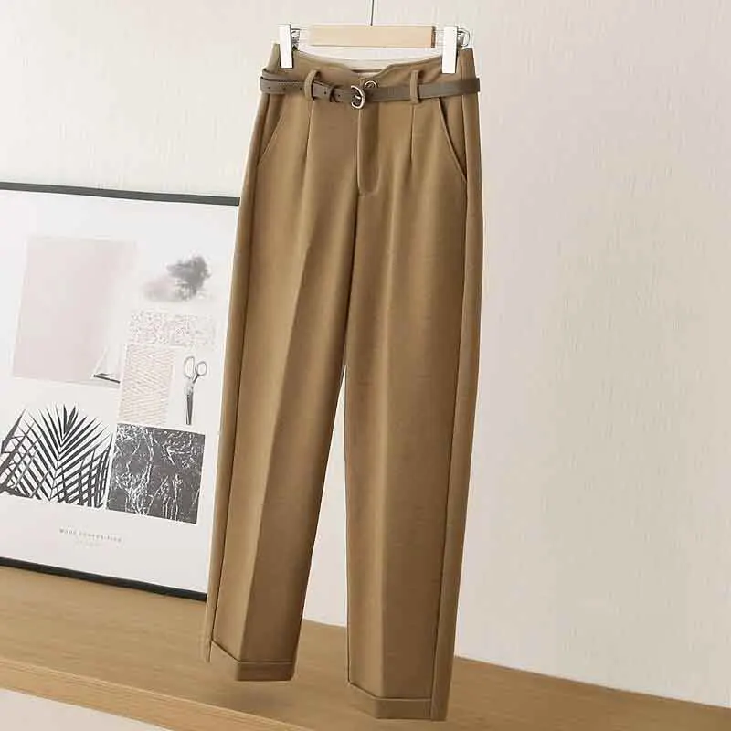 Fall Warm Woolen No Belt Harem Pencil Pants Women High Waist Ankle Length Casual Suit Pants Korean Chic Office Lady Trousers