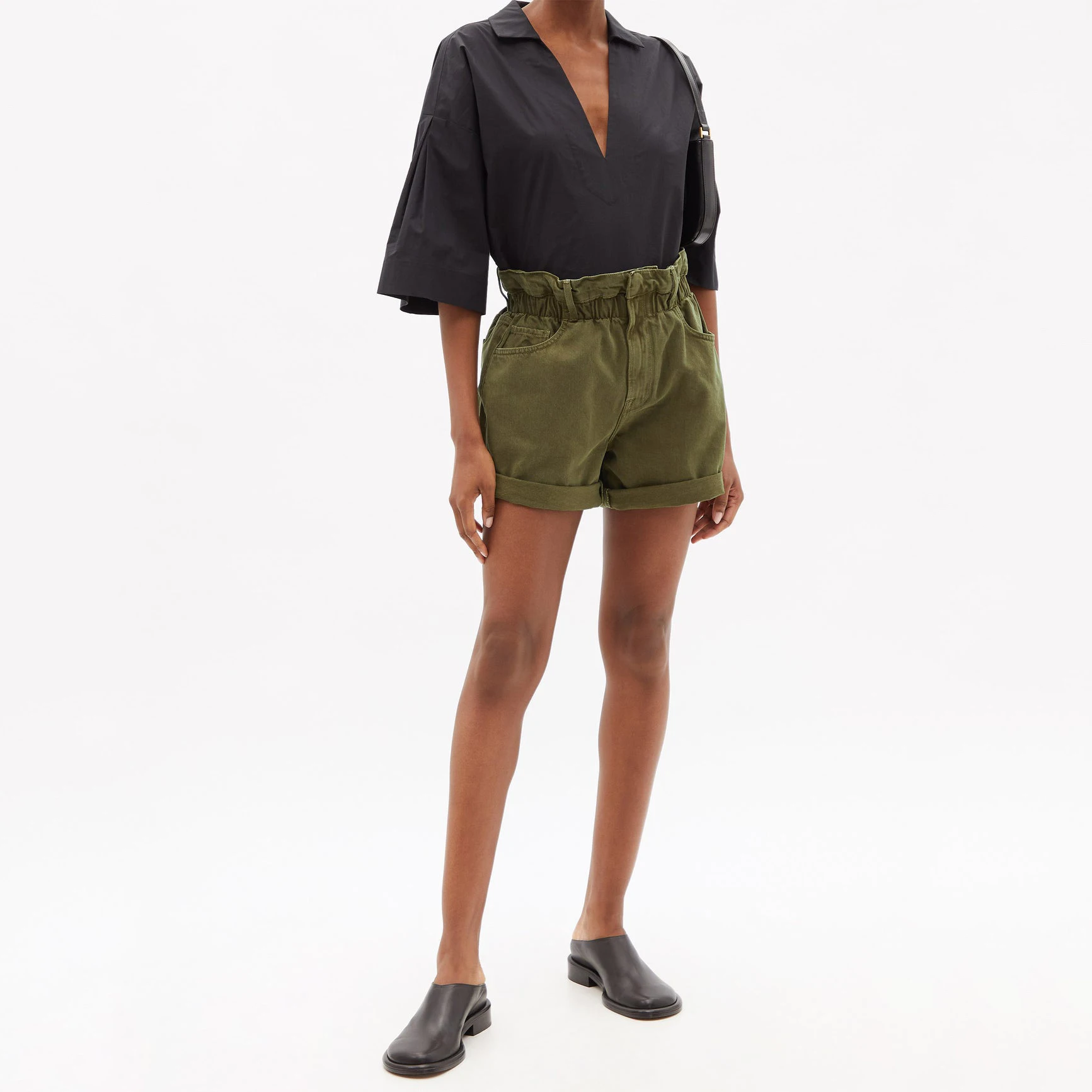 

Ruffle design elastic high waist shorts temperament leisure loose wide leg A word pants cotton army green shorts 2023 fall new