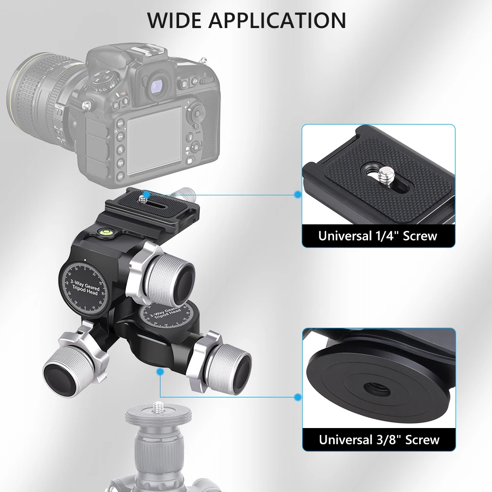 VICELK GH5 3방향 기어드 삼각대 헤드, Arca 유형 QR 플레이트, 밀리미터 마이크로 조정, 전체 CNC 알루미늄 합금, 최대 하중 6kg