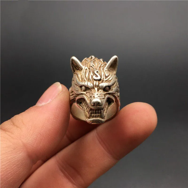 3.5Cm Rare China Miao Silver Lang Wolf Head Animal Finger Jewelry Ring