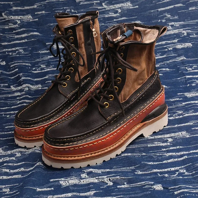 High Quality Handmade Mens Boots Retro Patchwork Genuine Leather Work Boots Men Lace Up Canvas High Top Shoes Size 45 46
