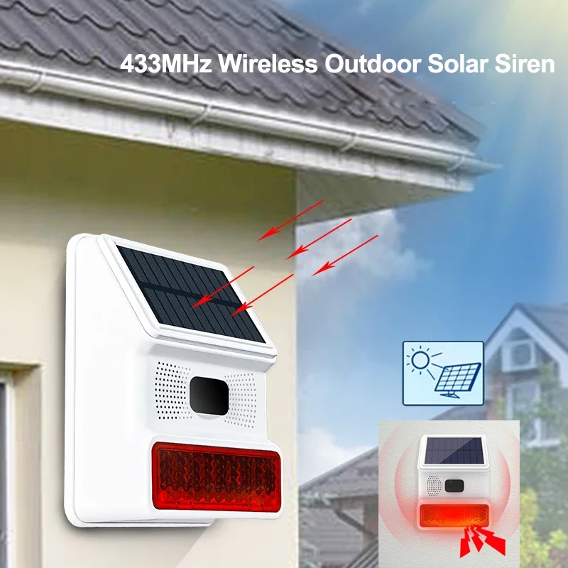 Wireless Solar-Powered Outdoor Alarm Siren with Sound and Light Alerts - 433MHz Security System Accessory