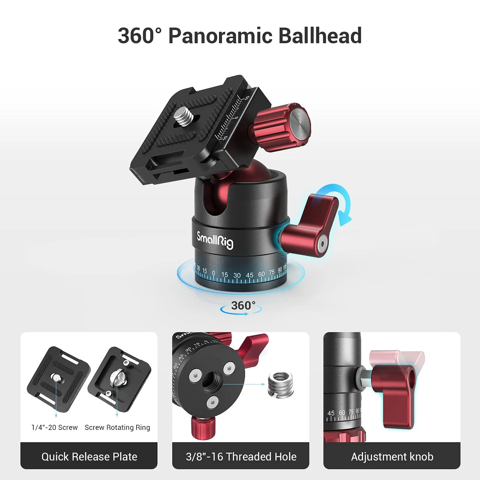 SmallRig 알루미늄 파노라마 볼 헤드, 최대 5kg 보관, 1/4-3/8 나사 어댑터, 1/4 인치 퀵 슈 플레이트 3034