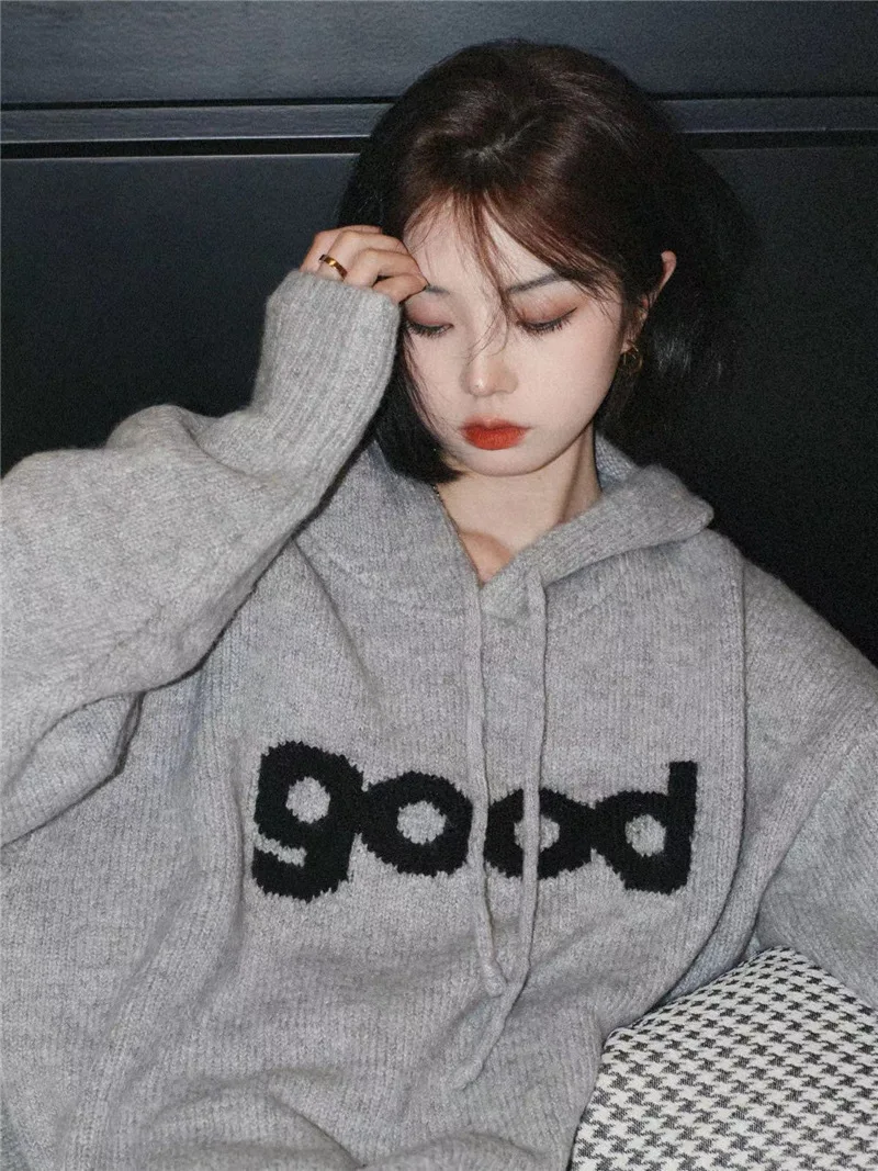 Oversized Sweater Women Harajuku Hooded Pullover Lady Vintage Fashion Knitted Hoodies Female Korean Loose Letter Print Sweaters