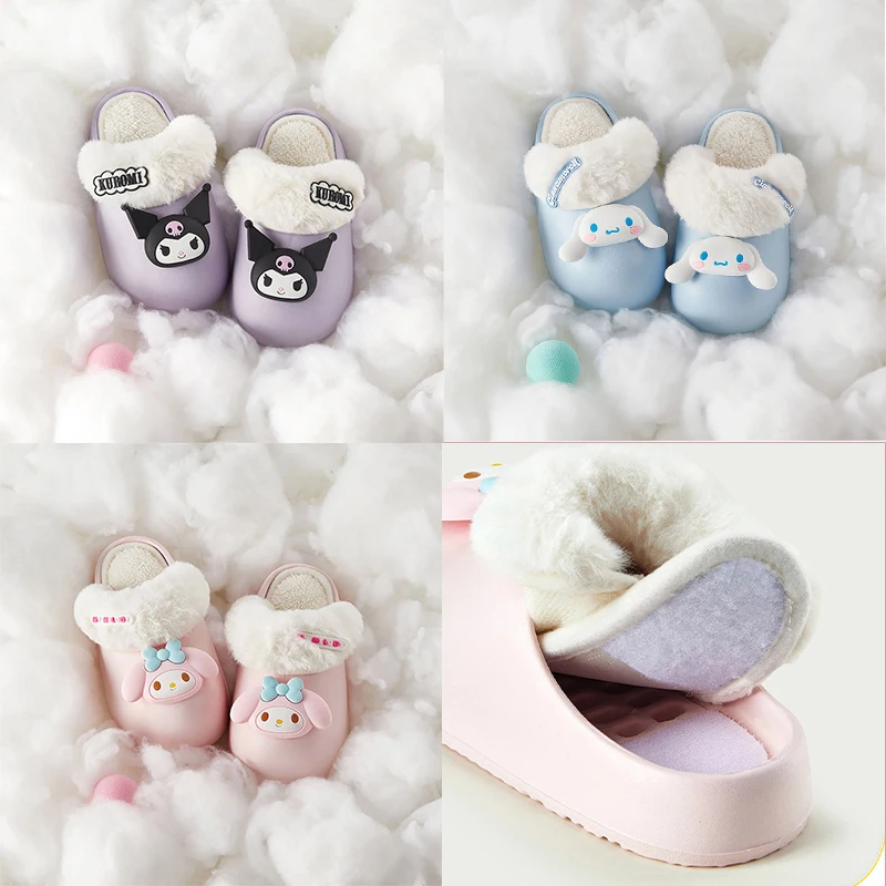 

Kawaii Sanrios Kuromi Child Cotton Slippers Winter Plus Velvet Water Proof Home Removable Washable Cute Cartoon Girl Gifts