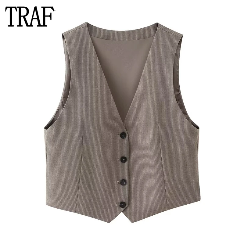 

TRAF Striped Sleeveless Vests for Women Button up Waistcoat Women Streetwear Cropped Vest Woman Basic Office Women's Vests