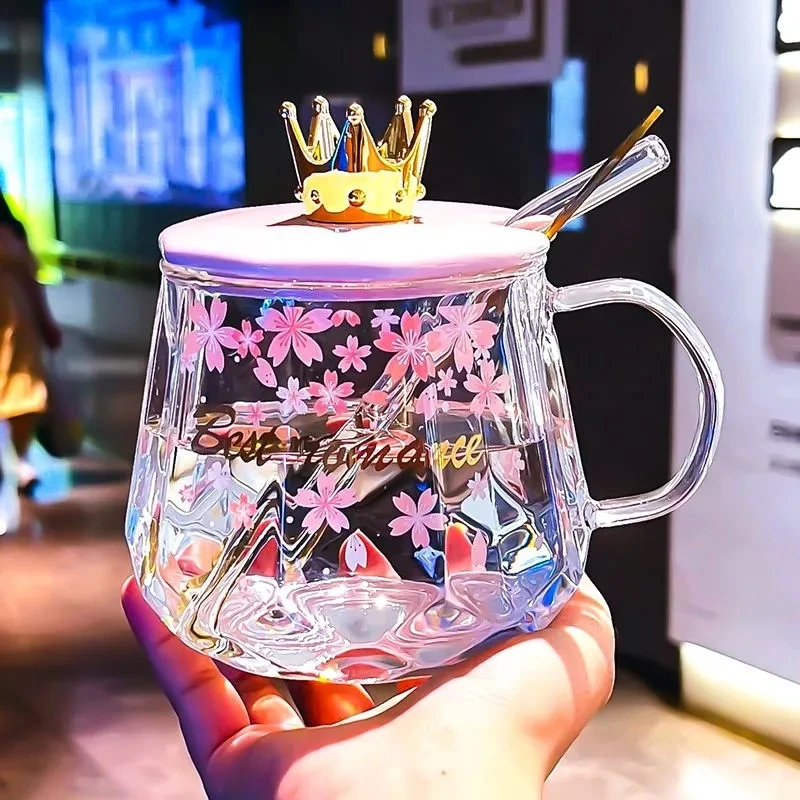 

500ML Glass Cup With Cover Spoon Cherry Blossom Pattern Transparent Creative Fresh Cute Girl Heart Portable Sports Outdoor Cup