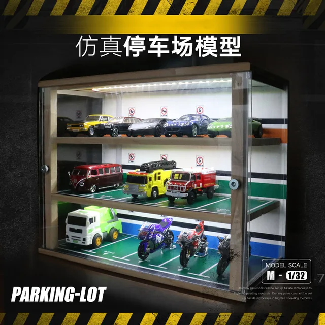 1:32 Scale Car Parking Lot Model Dustproof Storage Display Cabinet Box With Light Solid Wood Parking Room Garage Scene Toy Model 1