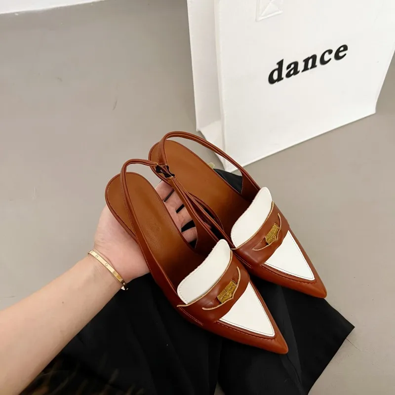 Summer Pointy Mixed Color PU Leather Low Heels Women's Sandals Elastic Belt Pumps Metal Decorative Dress Woman Shoes Stiletto