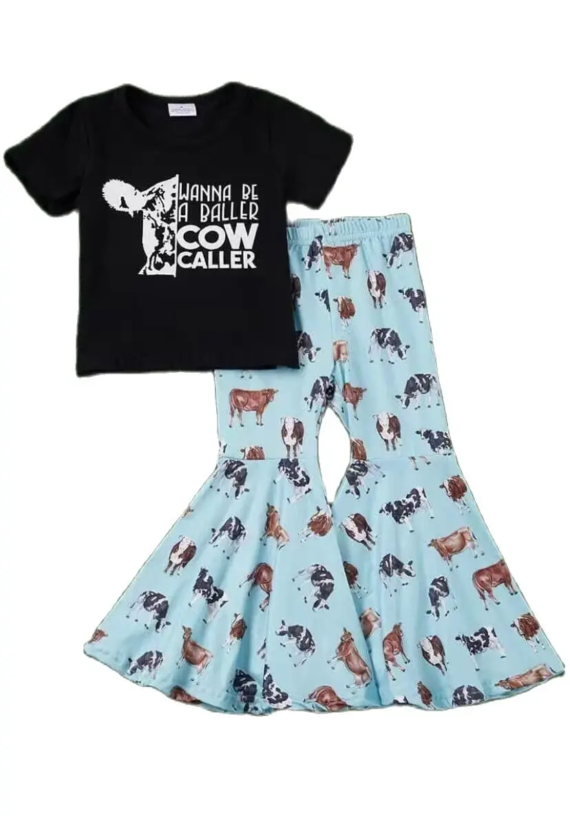 

Wholesale Toddler Western Bull Outfit Baby Girl Black Cotton Ruffle Top Alphabet Cow Bell Bottom Pants Children Kid New Set