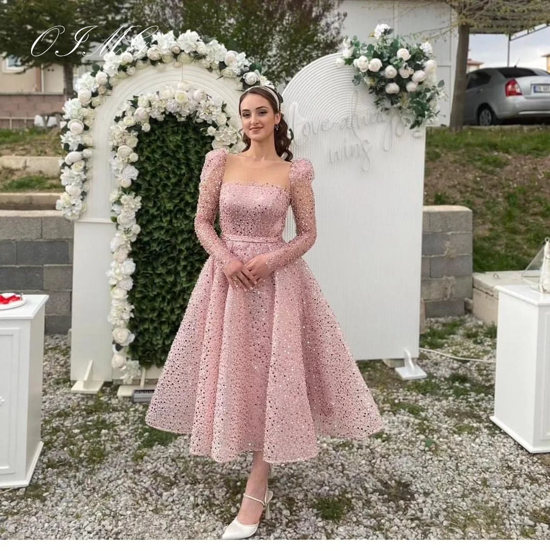 

OIMG Gorgeous Square Collar Prom Dresses Saudi Arabic Women T-Length Sequined Vintage Evening Gowns Occasion Formal Party Dress