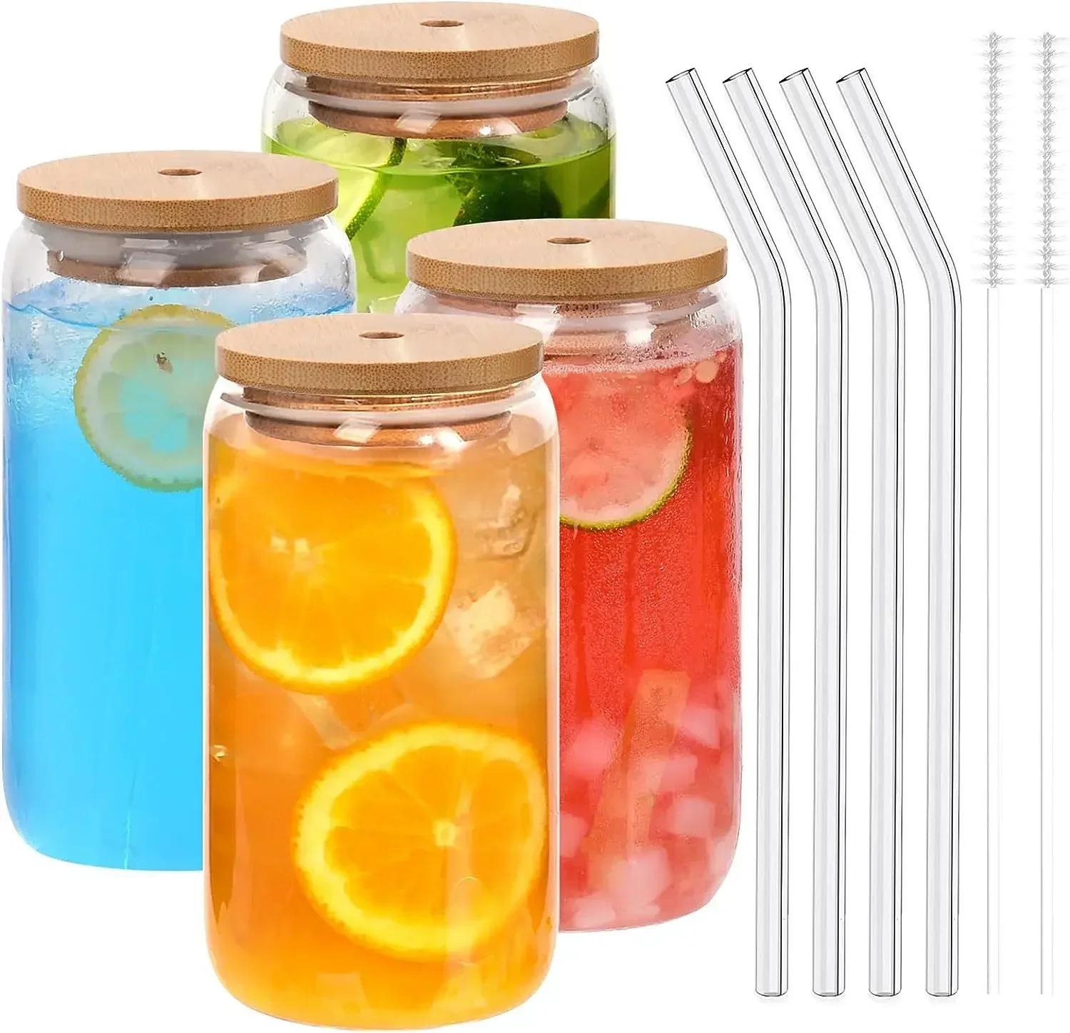 

Set of 4 Glasses with Bamboo Lid and Glass Straw Drinking Cups Party Cups Household Cold Drinks Juice Cups 500ml