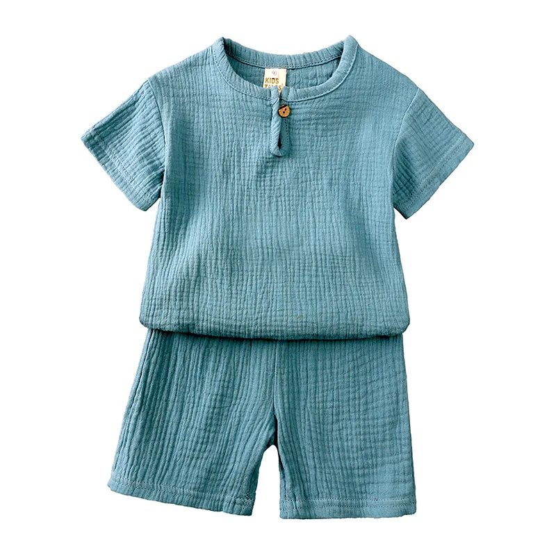 

1-8Y Boys Girls Clothing Sets Summer Solid Cotton Linen T-shirts+ Elasctic Shorts Kids Clothes Casual Clothing Sets For Children
