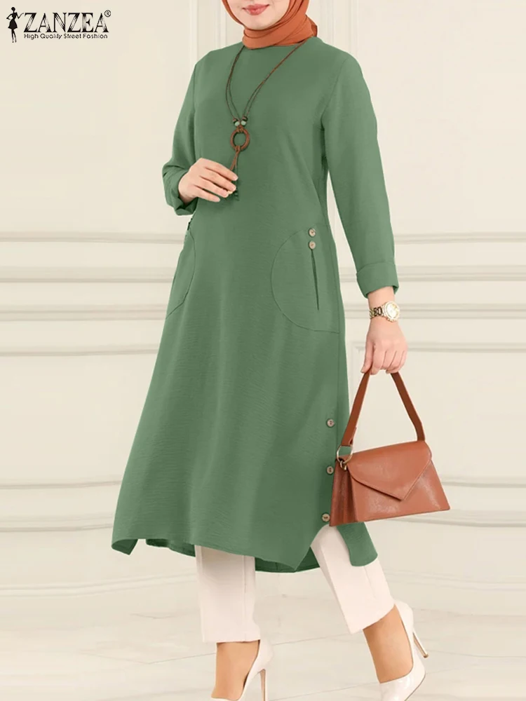 

ZANZEA Fashion Solid Muslim Dress Woman O Neck Long Sleeve Dresses Autumn Elegant Party Sundress Casual Islamic Clothing 2023