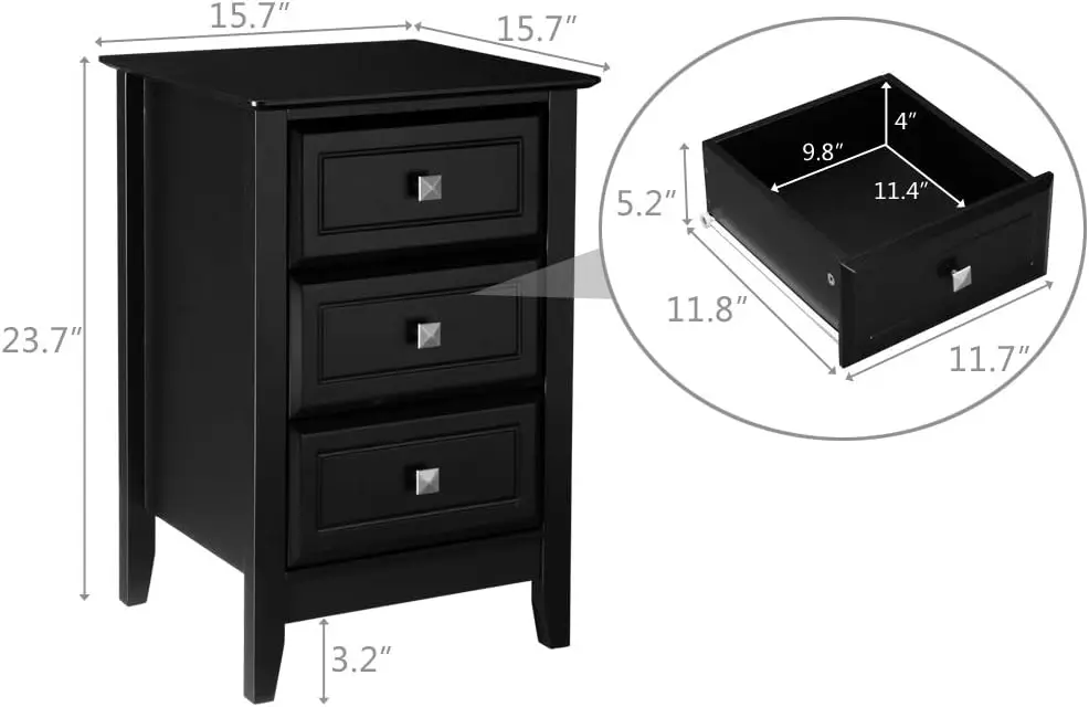 Upgraded Black Nightstand with Drawers, Night Stands for Bedrooms, Modern Bed Side Table/Night Stand with Metal Knobs for
