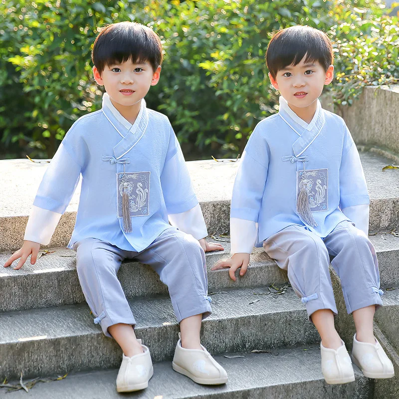 

Yourqipao Summer 2023 Boys' Light Blue Hanfu Embroidery Kindergarten Performance Costumes Chinese Style Tang Suit for Children