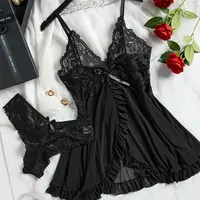 Vêtements de nuit sexy pour dormir robe de nuit femmes Lingеrie ensembles profond V Slip chemises de nuit et culottes dentelle à volants garniture sous-vêtements pyjama 6