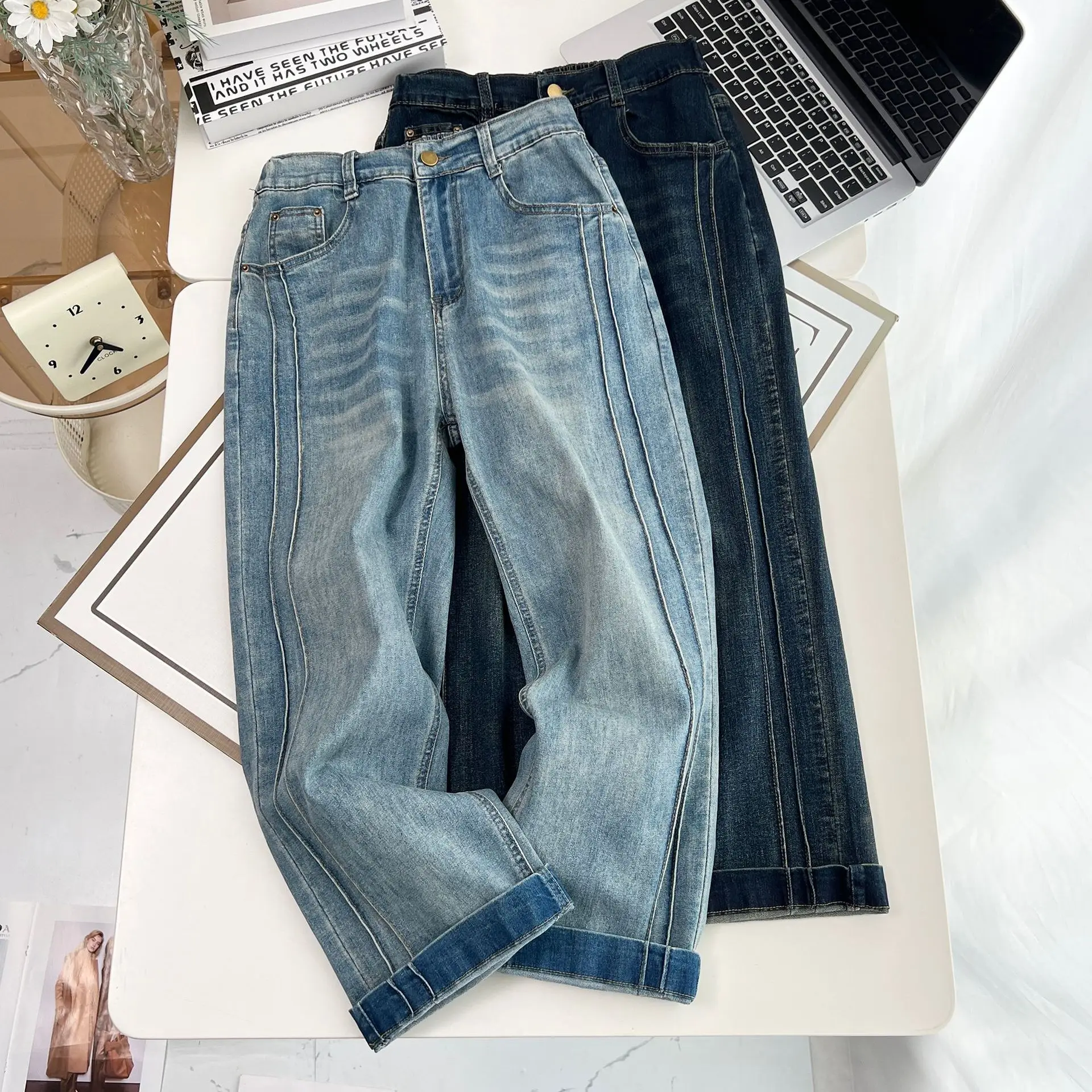 100KG Summer Jeans New Plus Size Women's Clothing Simple And Thin Denim Straight Pants Side Fold Splice Ankle Style Bottoms 8930