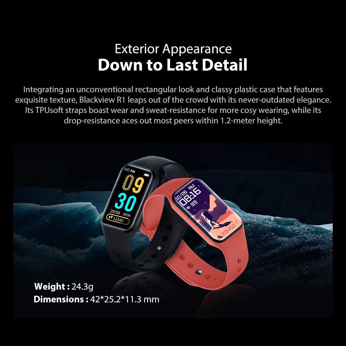 Black view R1 wasserdichte Smartwatch Männer Frauen Fitness