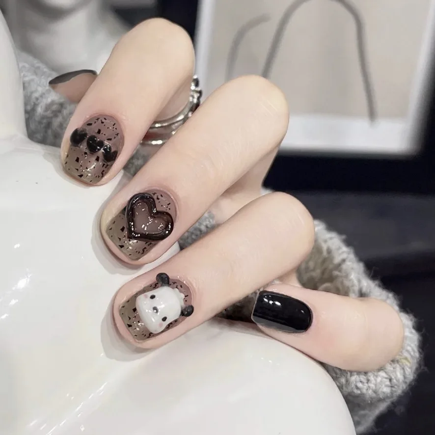 

24pcs Black New Polka Dot Puppy Wearing Fake Nails Press on Nails Faux Fingernails Full Cover Nail Tips Nails Set