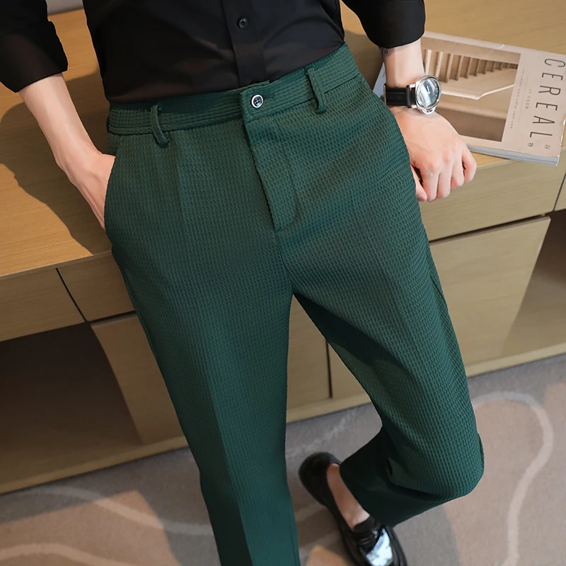 Waffle Casual Suit Pant Spring Men Elastic Waist Formal Classic Pants Green Black White Office Social Slim Trousers Homme 29-38