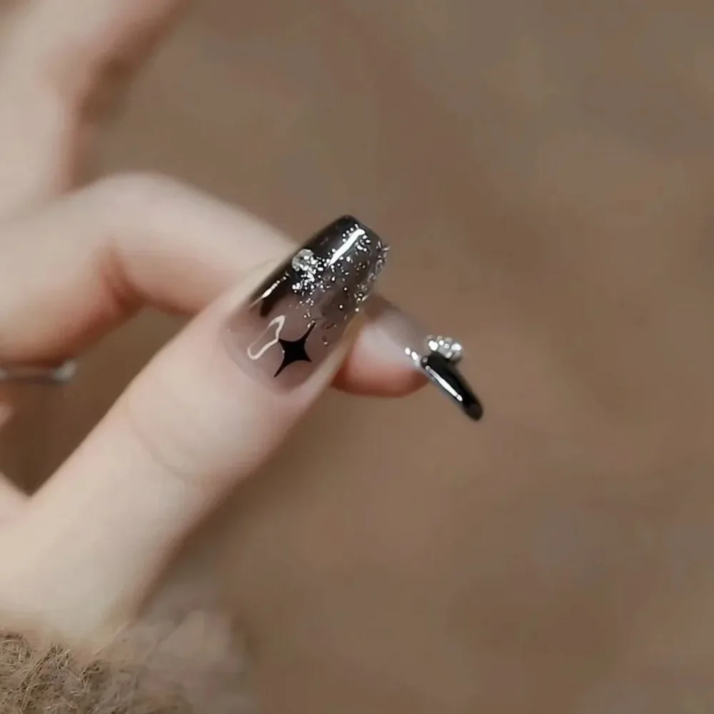 24개/1박스 다크 윈드 그라데이션 롱 화이트 보우 네일 패치 인조 손톱