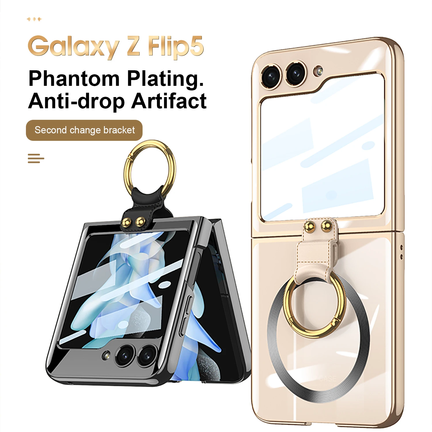 Electroplated Transparent Magsafe Case for Samsung Galaxy Z Flip 5 Flip5 Ring Holder Bracket Shockproof Glossy Cover Glass Film
