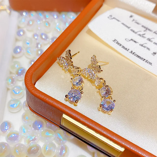 Micro Pave Shinning Zirconia Butterfly Drop Earrings For Women Creative New Delicate Simple Fashion Jewelry Wholesale