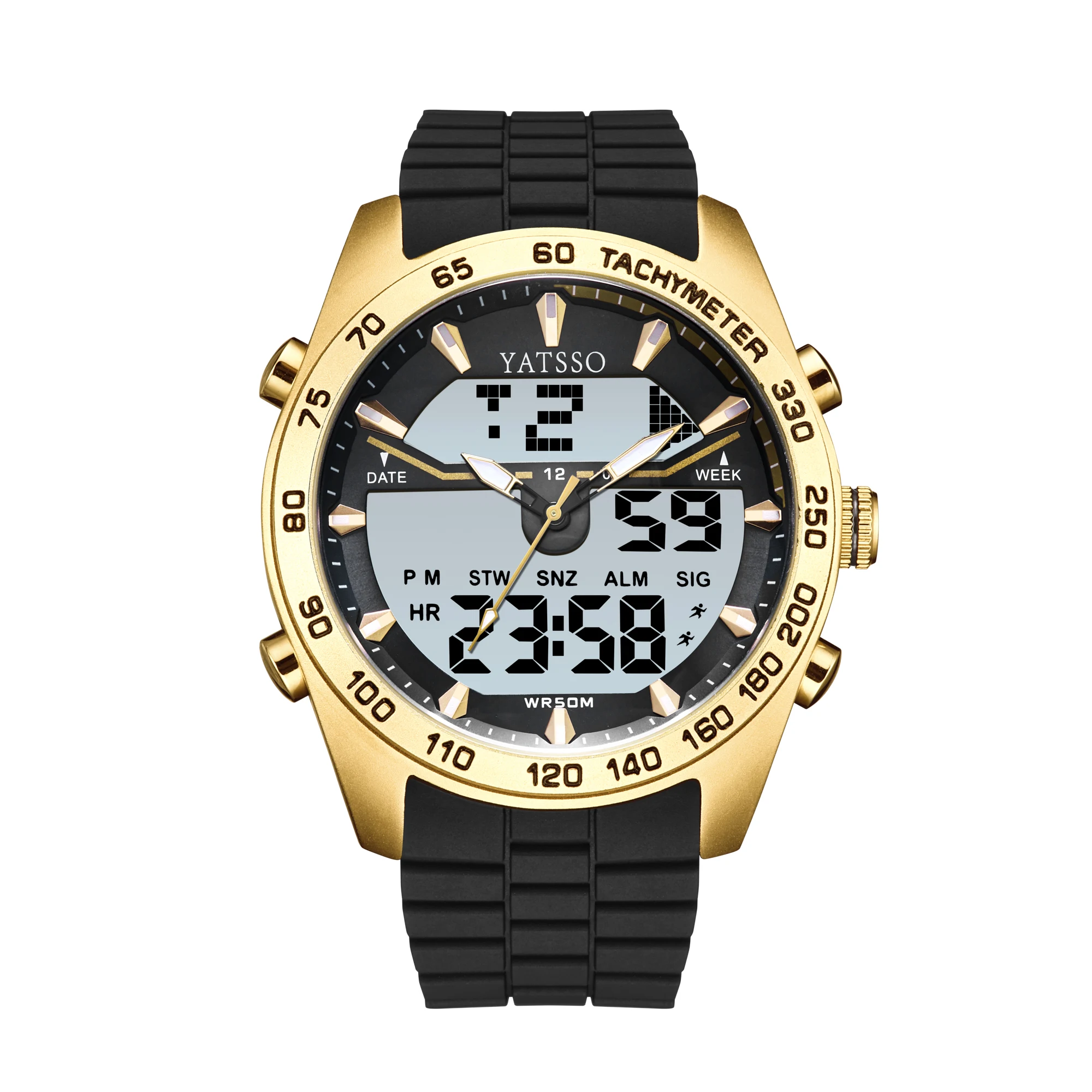 YATSSO men's alloy dual time display quartz watch led light alarm clock waterproof