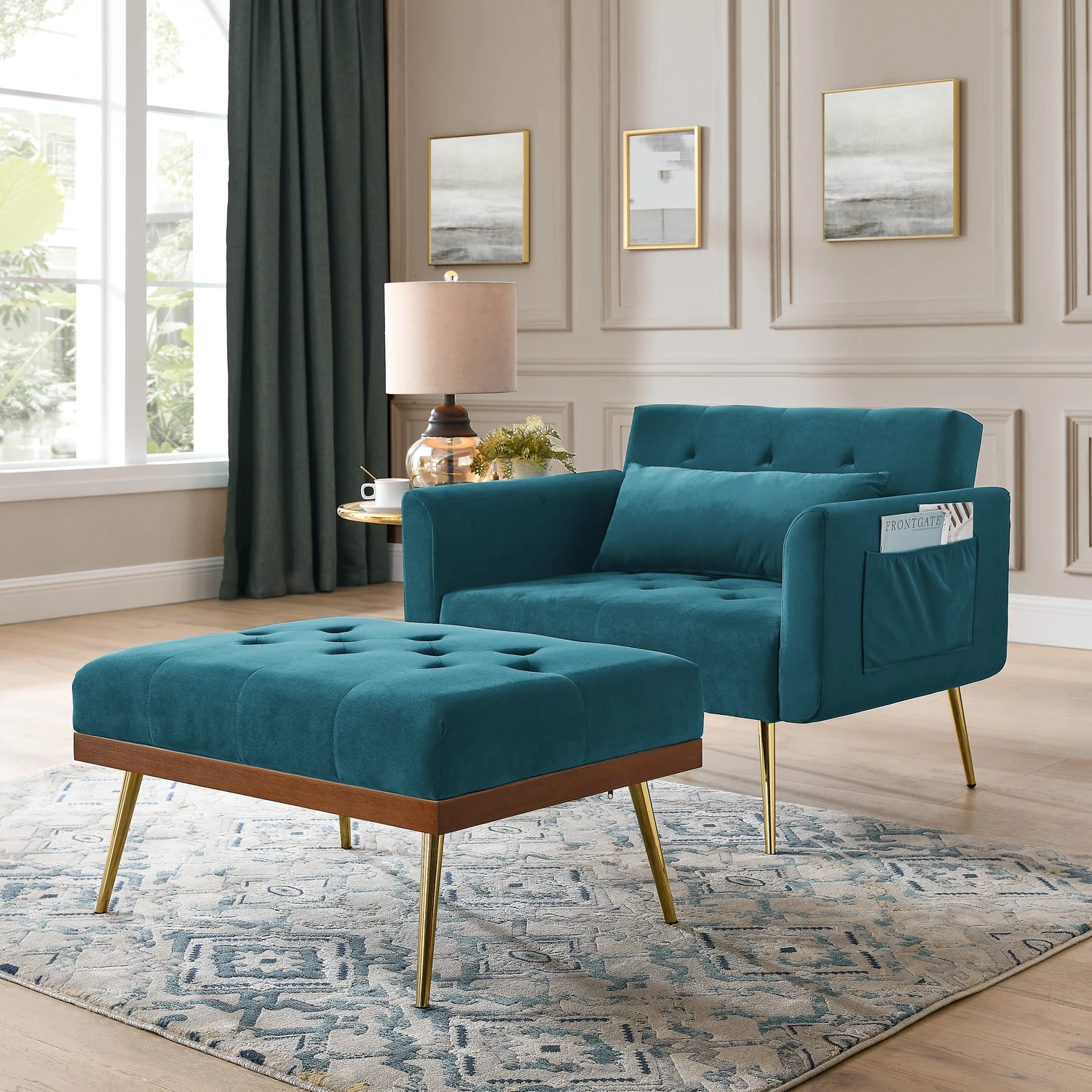 

[Flash Sale]Recline Sofa Chair with Ottoman 2 Arm Pocket&Wood Frame Include 1 Pillow 40.5x33x32" White/Teal/Grey/Pink[US-W]