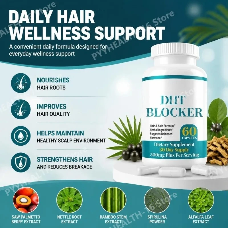 DHT Blocker Capsules with Biotin 5000mcg, Vitamin C, D, E, B6 & Zinc for Healthy Hair and Skin Support, Gluten-Free, 60 Count