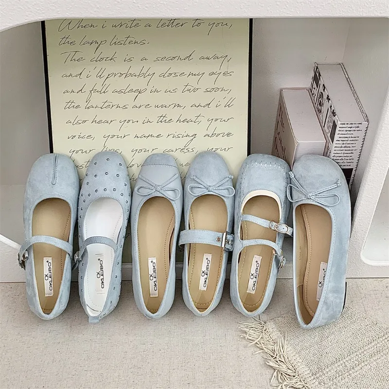 Blue Flats Mary Janes Shoes Women Spring Autumn Casual Buckle Strap Loafers Elegant Bow Tie Ballets Ladies Shoes Footwear New 2