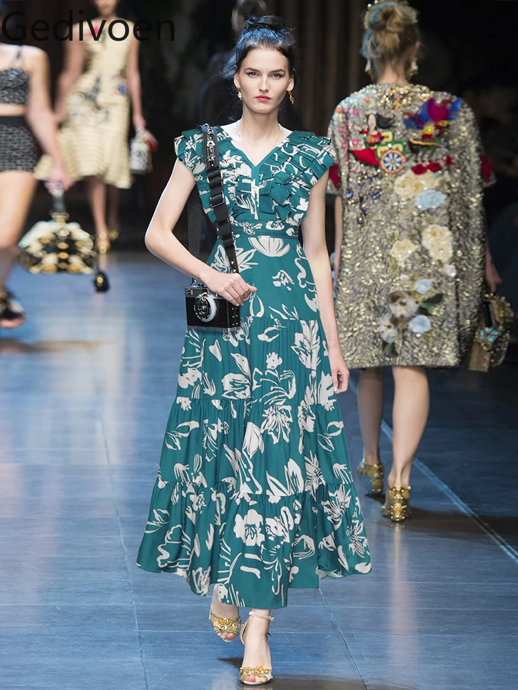

Gedivoen Summer Fashion Runway New Designer V-Neck Collar Printing Floral Empire Slim Office Lady Style A-LINE Dress
