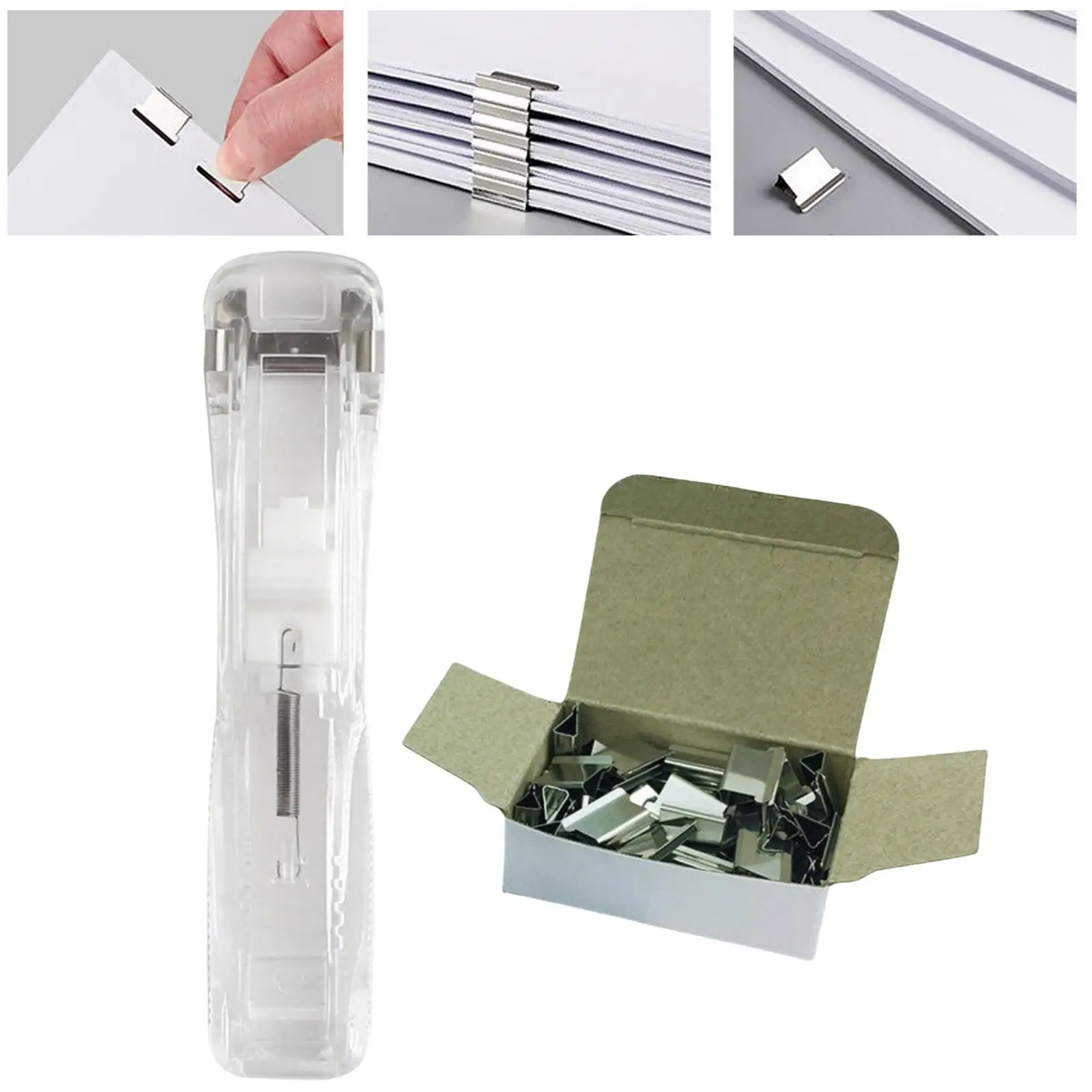 50개의 클립이 있는 미니 스테이플러 대학생을 위한 투명 플라스틱 푸시 스테이플러 학교 사무실 휴대용 책상 액세서리 바인딩 도구