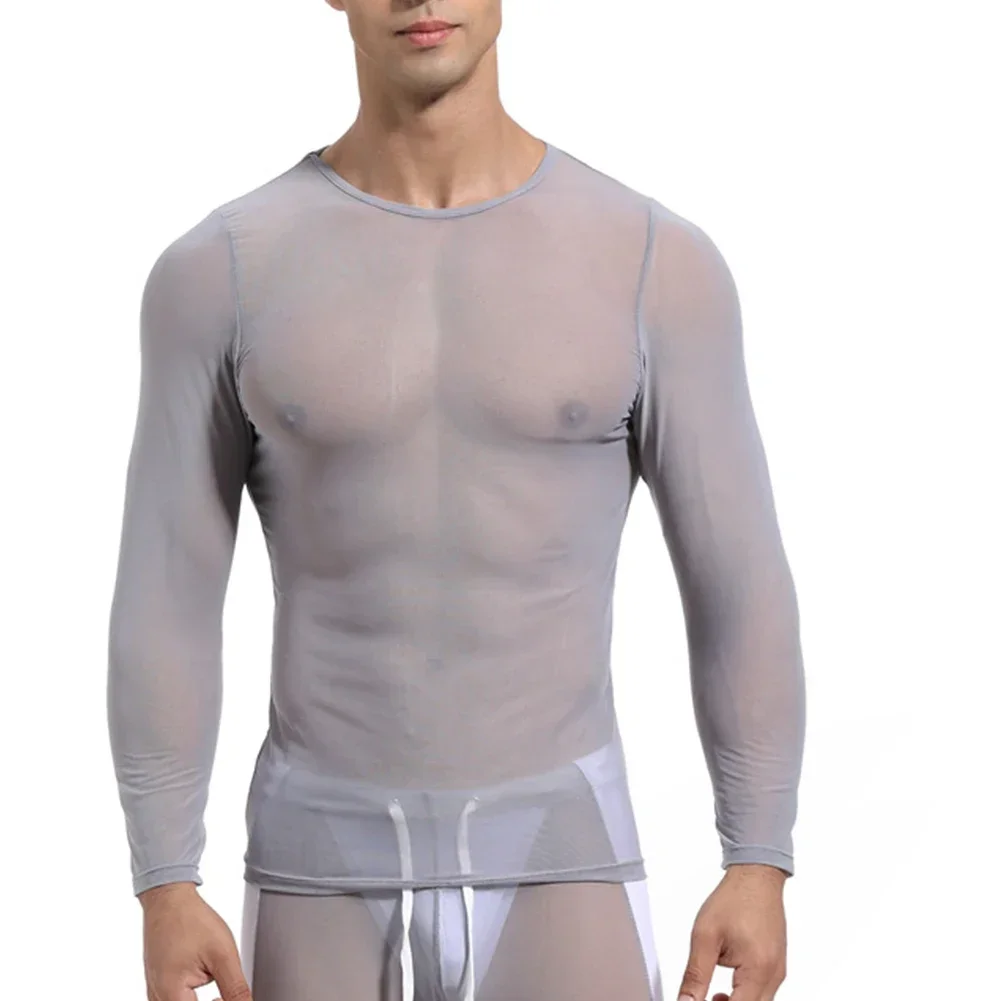 Men Mesh See Through Elastic Sport Tops Long Sleeve Top T-Shirt Sheer Tights Sexy Undershirt Fitness Muscle Gay Clothes Clubwear