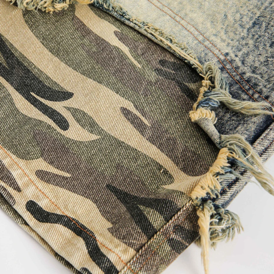 Camoufalge Patchwork Vintage Denim Shorts Men's Summer Loose Casual Blue Jeans Shorts Streetwear Harajuku Hip Hop