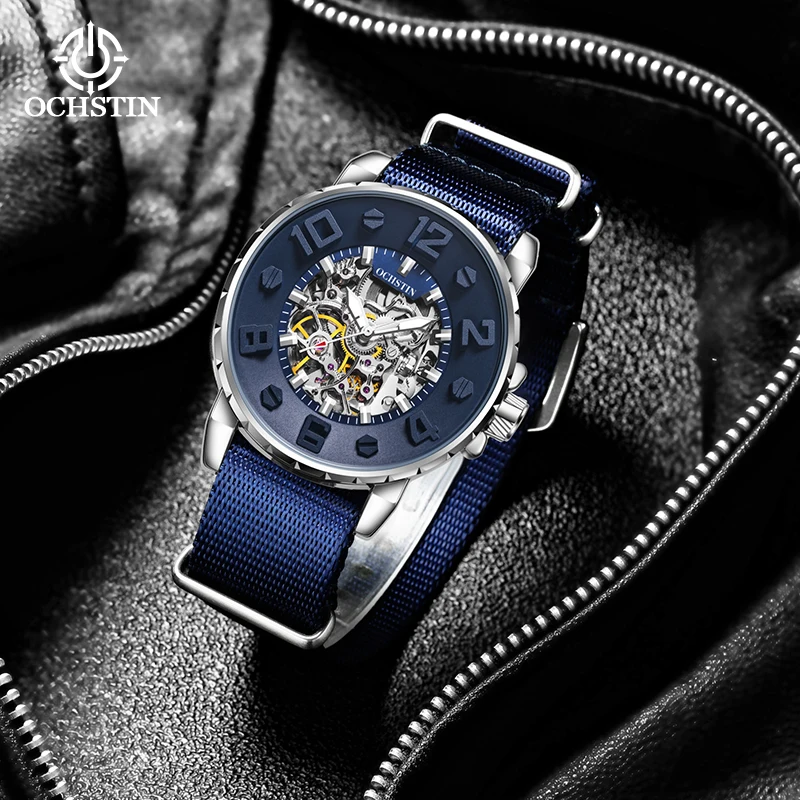 ochstin new 2024 creative nylon series fashionable hundred watches skeleton mechanical movement men's mechanical watches