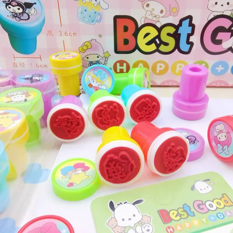 Sanrio Self-Ink Stamps 10Pcs/Set Cute Hello Kitty Kuromi Melody Cinnamoroll Face Seal Diy Painting Photo Album Stamp Kids Toys self ink stamps