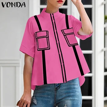 Plus Size 5XL VONDA Women Shirts Fashion Short Sleeve Color Patchwork Blouse Summer Casual Stand Collar Elegant Office Lady Tops