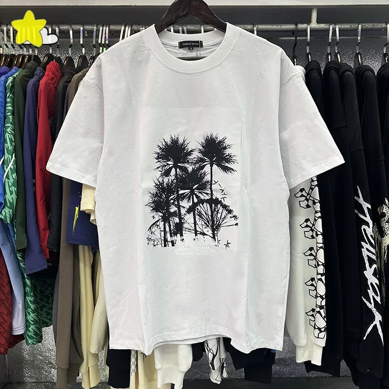 

Summer Style Casual Loose Coconut Tree Printing PURPLE T-Shirts Men Women 1:1 Tags Black White Oversized T Shirt Tee Top