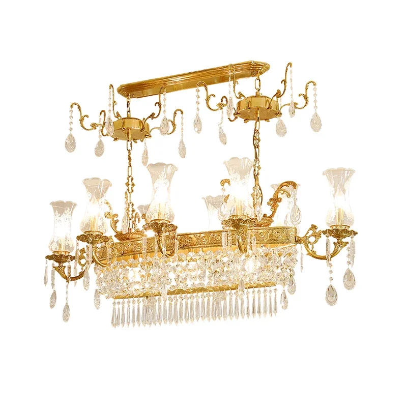 European Home Dining Room Brass Crystal Chandelier French Villa Hotel Restaurant Rectangle Copper Pendant Light