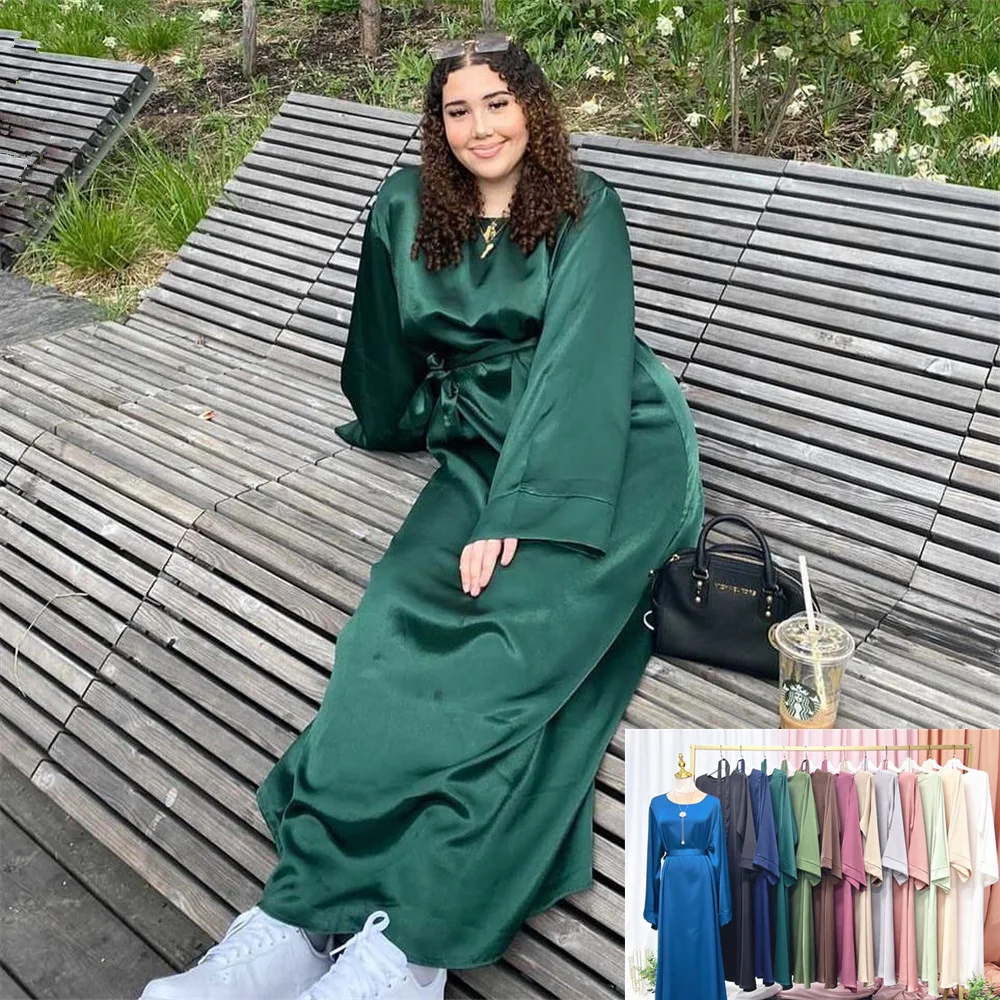 

Ramadan Elegant Long Dresses Solid CoLor Casual Loose Belted Kaftan Dubai Abaya Turkey Morocco Arab Oman Muslim Women Clothing