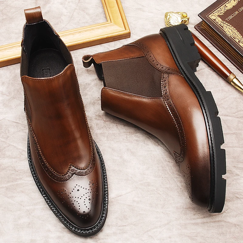 

Men's Autumn Genuine Leather Ankle Boots Black Brown Slip On Vintage Dress Man Boots Italian Formal Mens Chelsea Boots Shoe